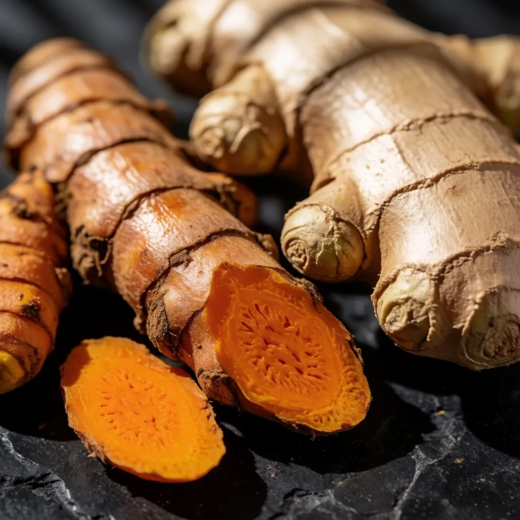 Fresh turmeric and ginger root on stone