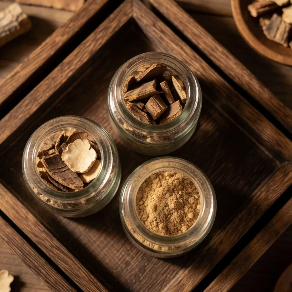 Glass jars of dried botanical herbs on wood
