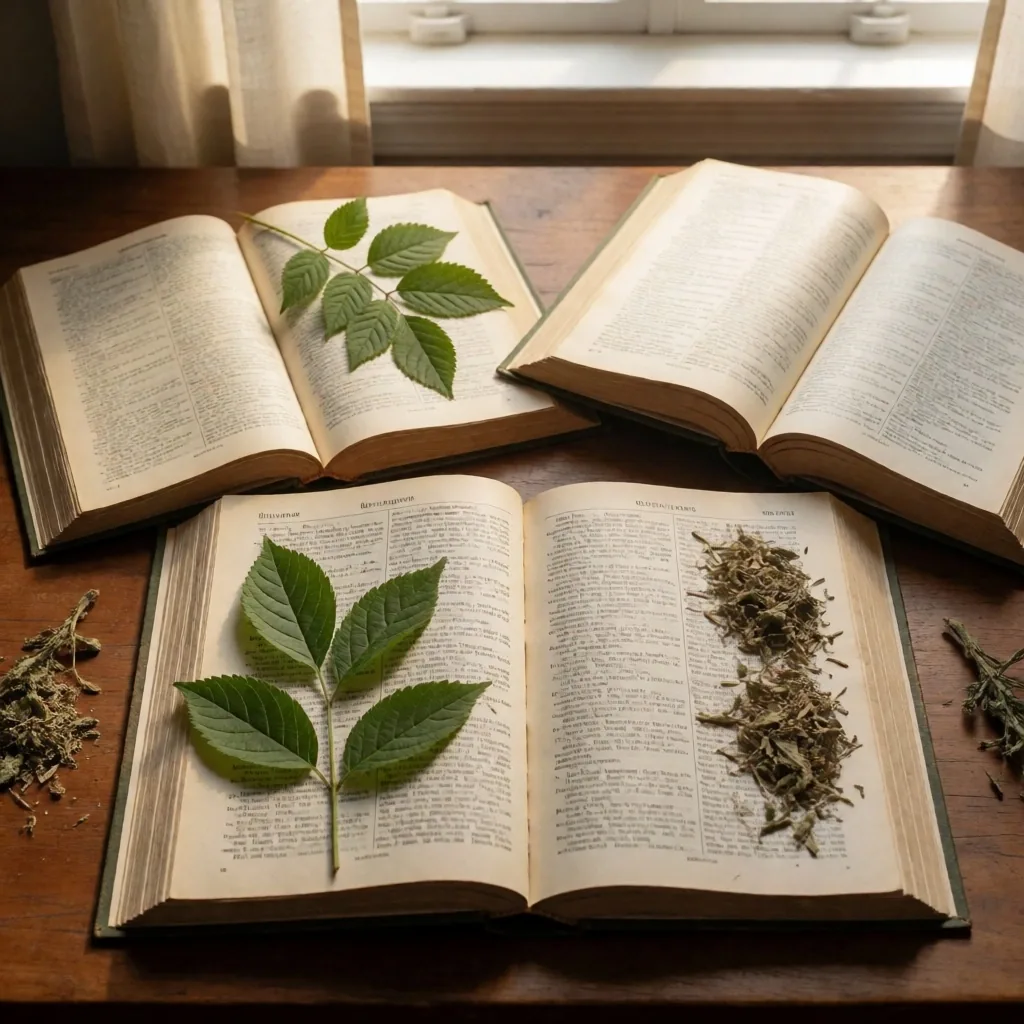 Botanical reference materials and natural specimens on a desk