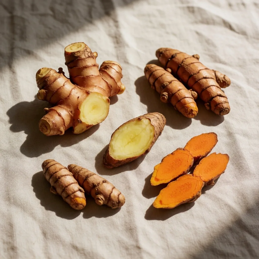 Indonesian botanical specimens including temulawak and turmeric arranged for study