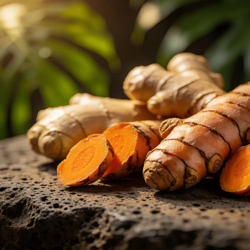 Fresh turmeric and ginger root on stone