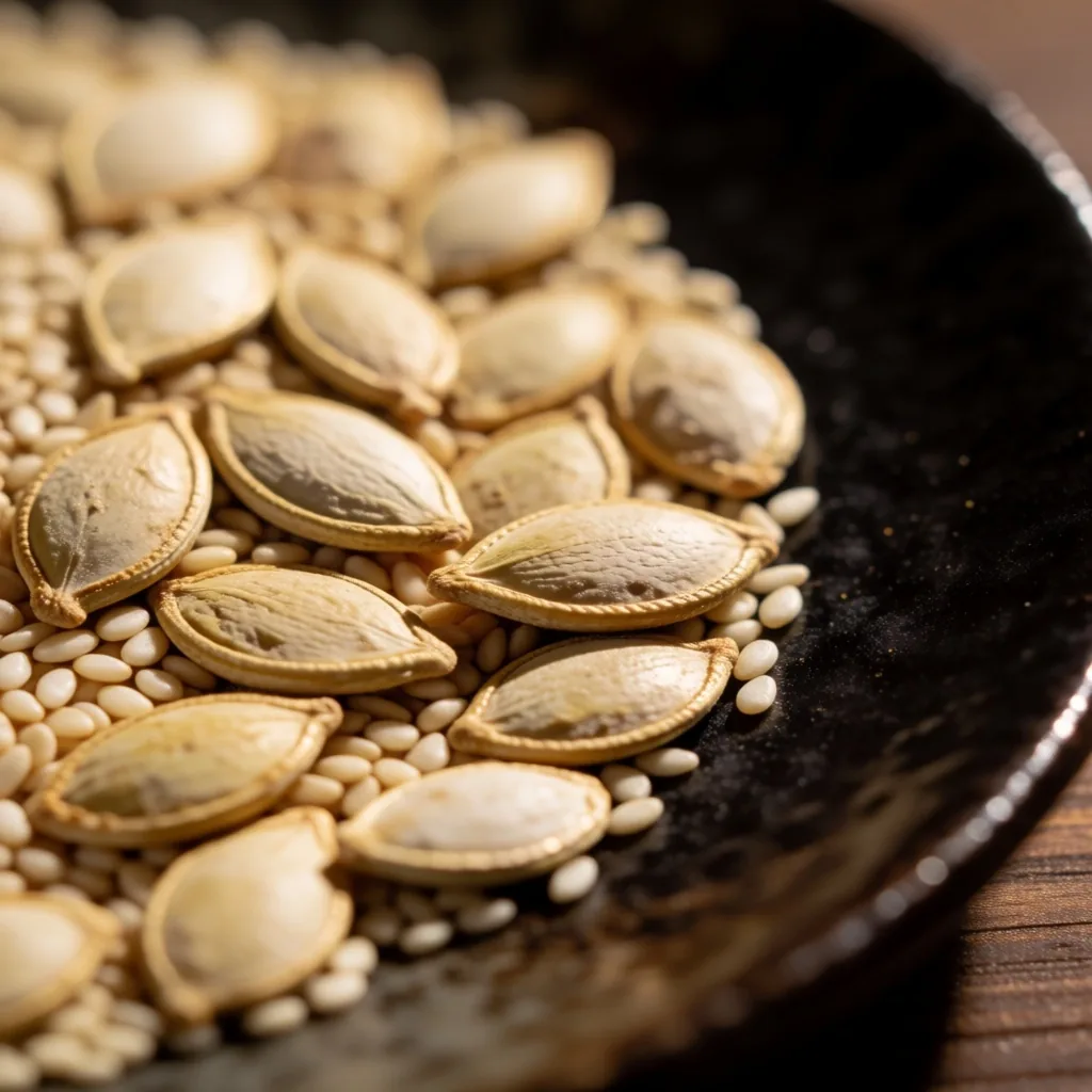 Pumpkin and sesame seeds on ceramic
