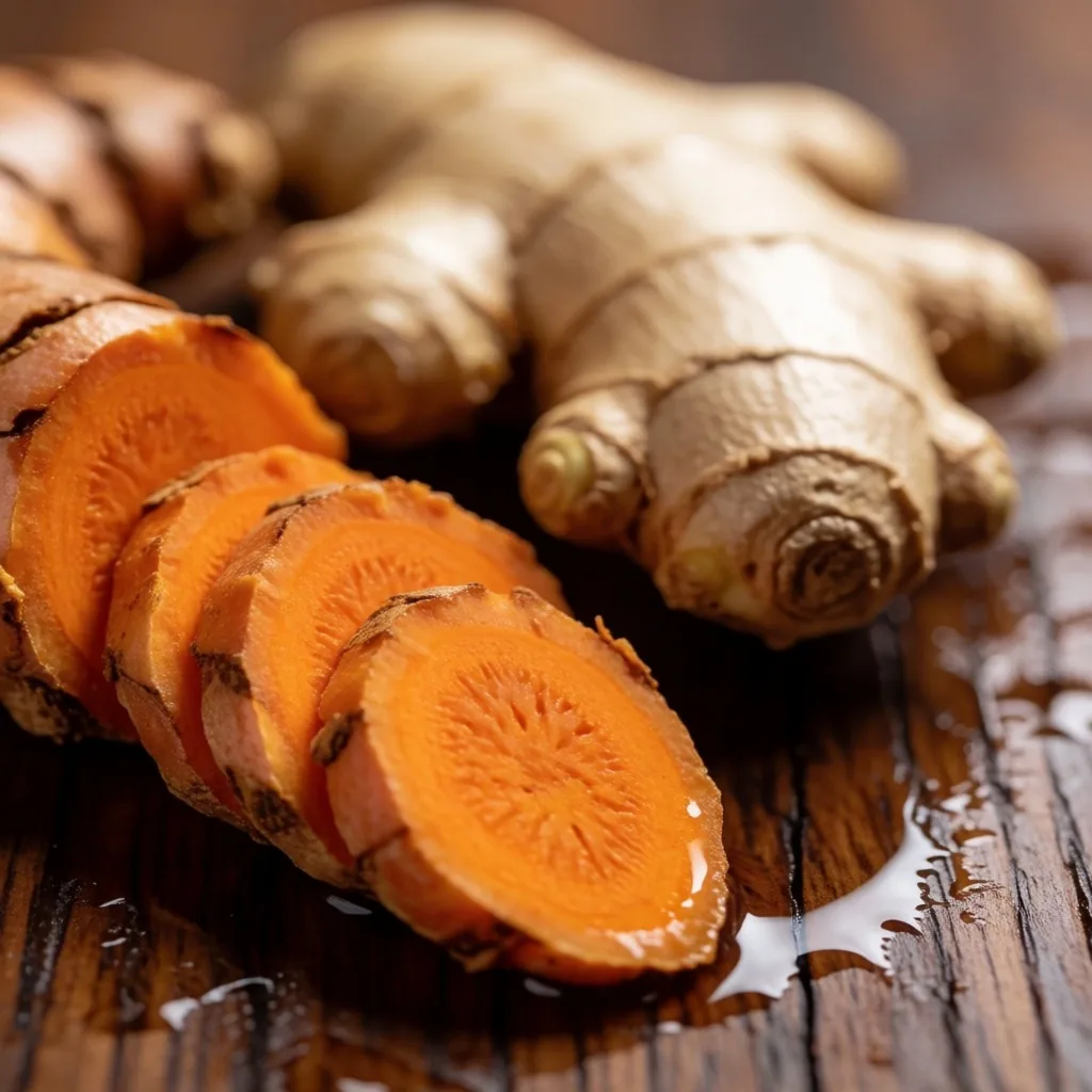 Fresh turmeric and ginger roots on wood