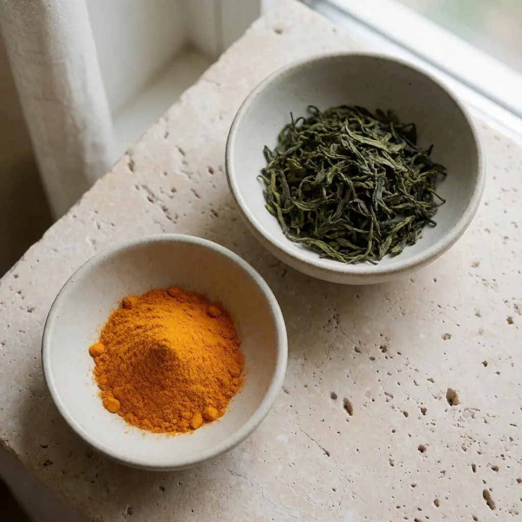 Green tea leaves and turmeric in ceramic bowls