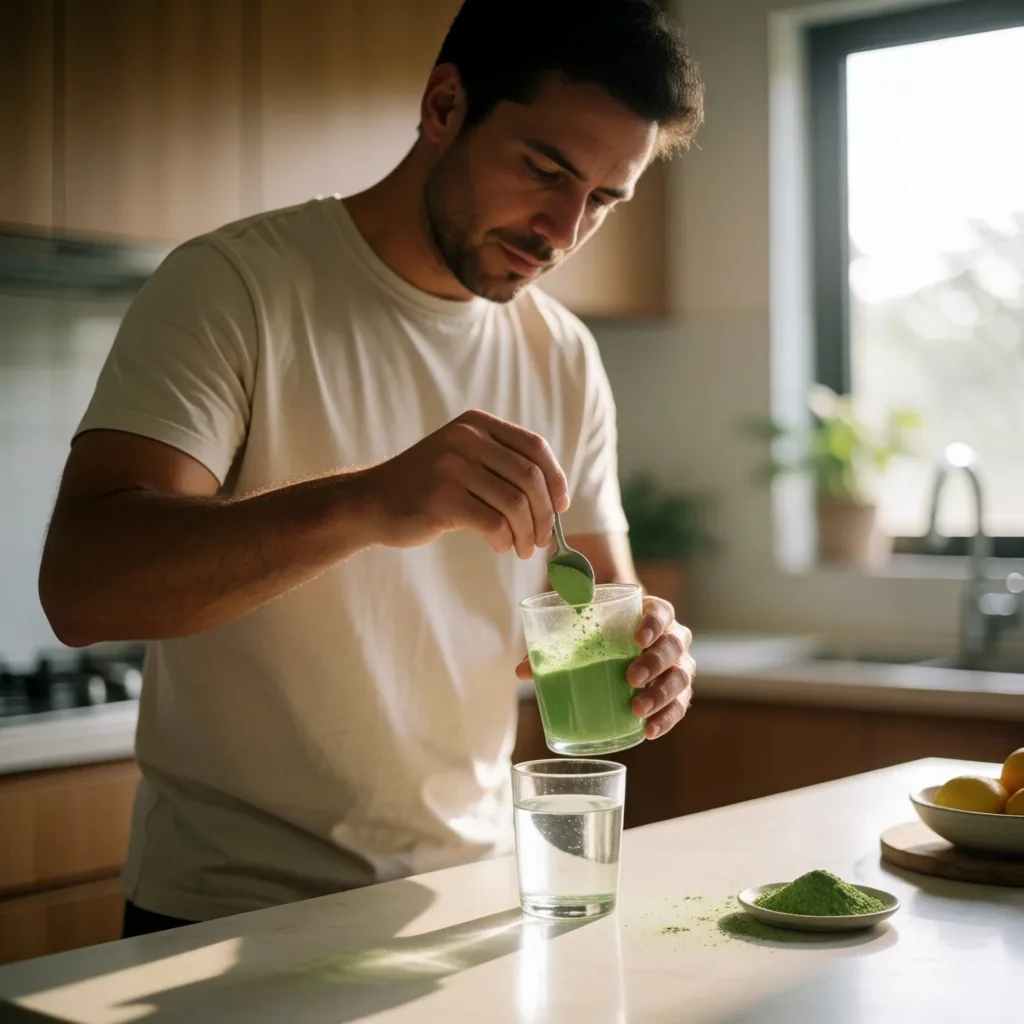 Man preparing a morning supplement drink