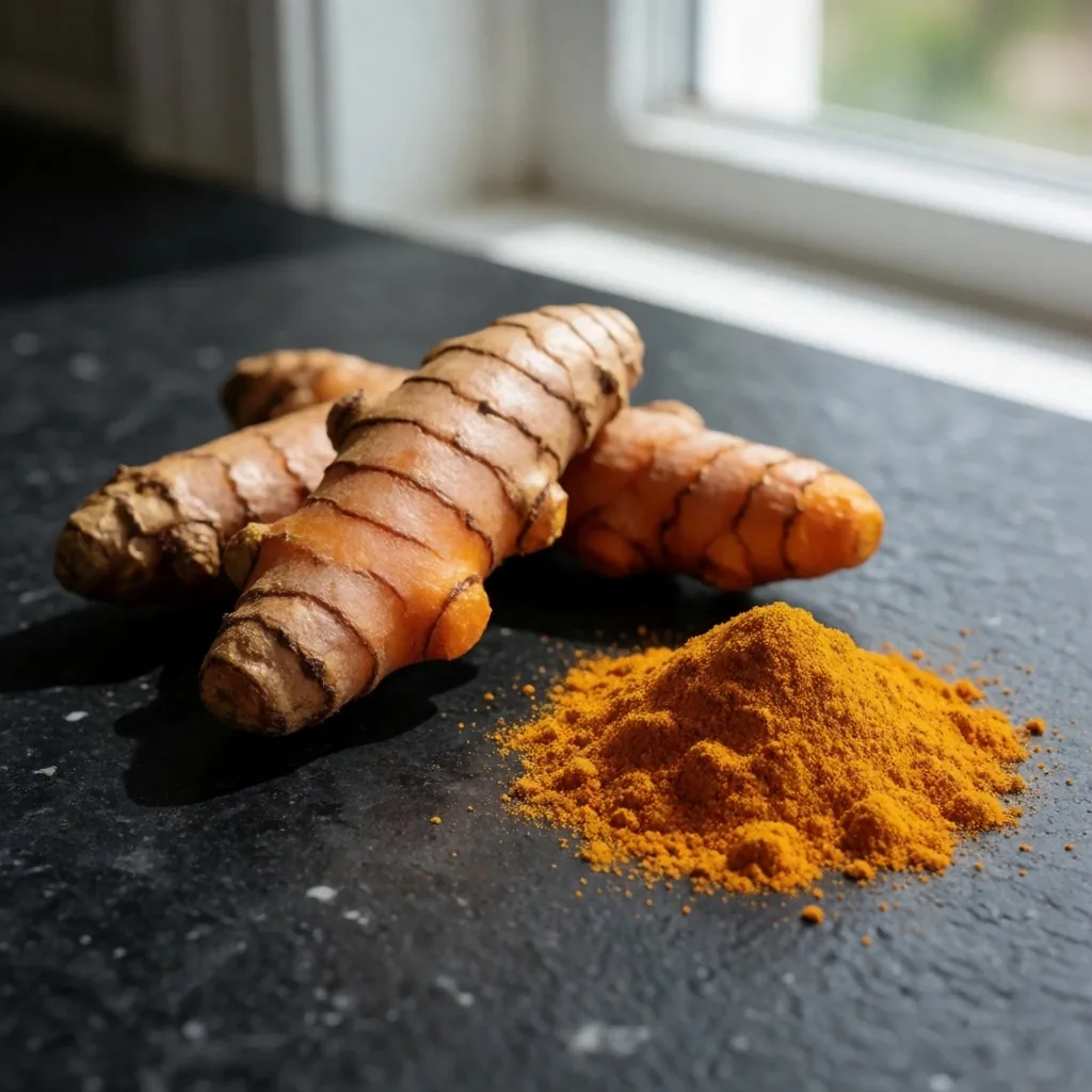 Dried turmeric powder and fresh roots in a bowl on dark stone