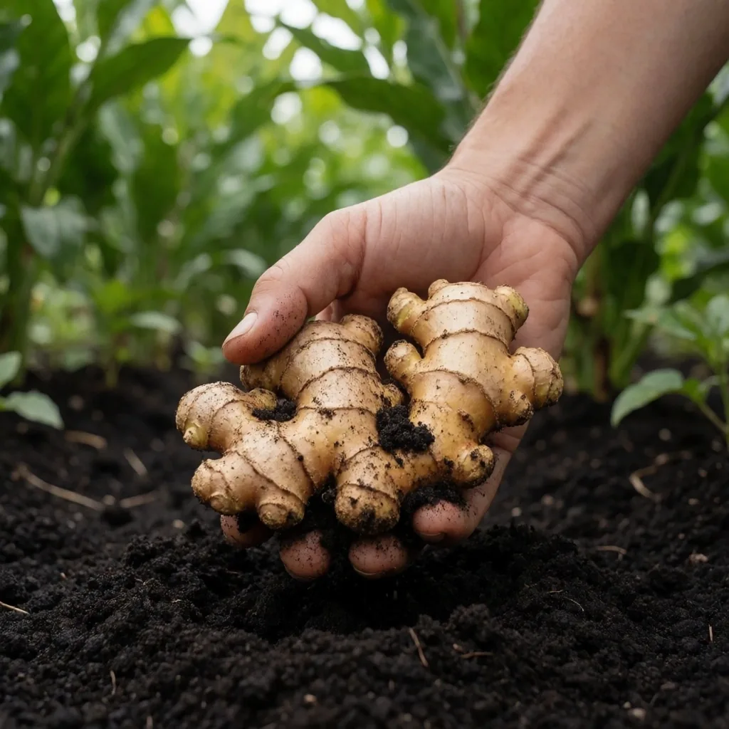 Freshly harvested ginger roots on dark soil with tropical foliage