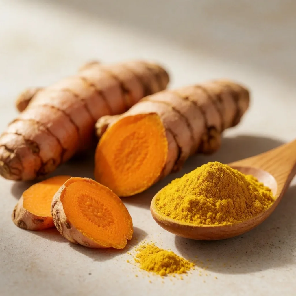 Fresh turmeric and ginger roots photographed in soft natural light