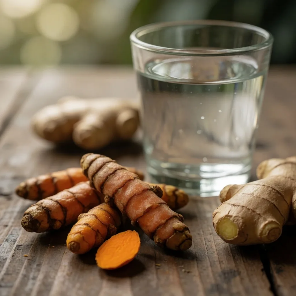 Fresh turmeric root and ginger on wood