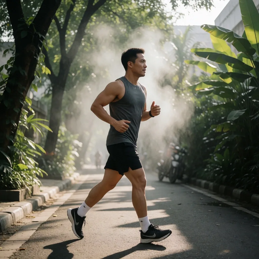 Man walking through a tree-lined Jakarta street